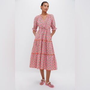 Tuckernuck Pink City Prints Marigold Buta Calypso Tiered Midi Dress Large Floral